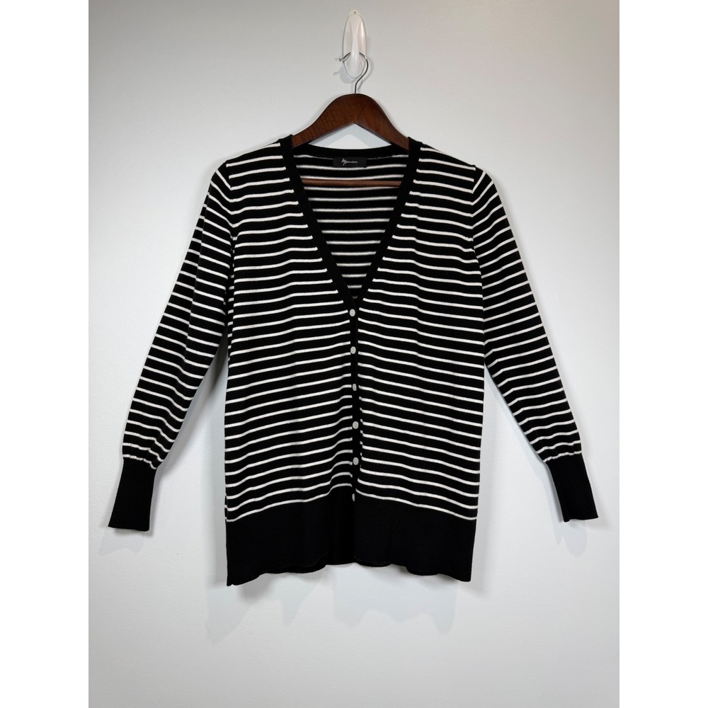 MessBebe Womens Small Black White Striped‎ V-Neck Button Front Cardigan Sweater